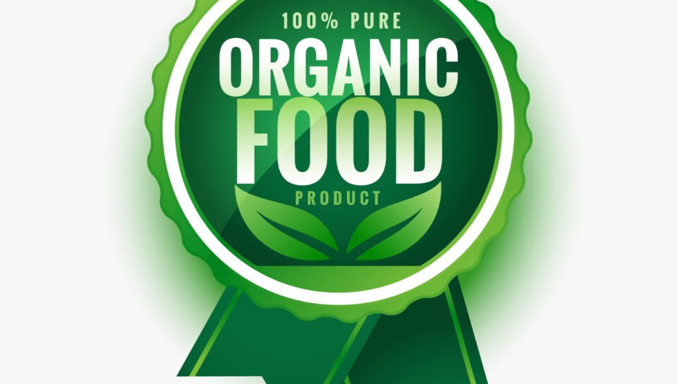 pure organic food green leaves label or sticker design